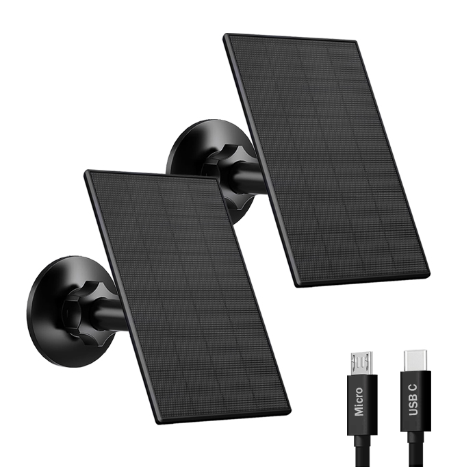VUEBEE 2W Solar Panel for Security Cameras, USB-C/Micro USB, 2 Pack Black