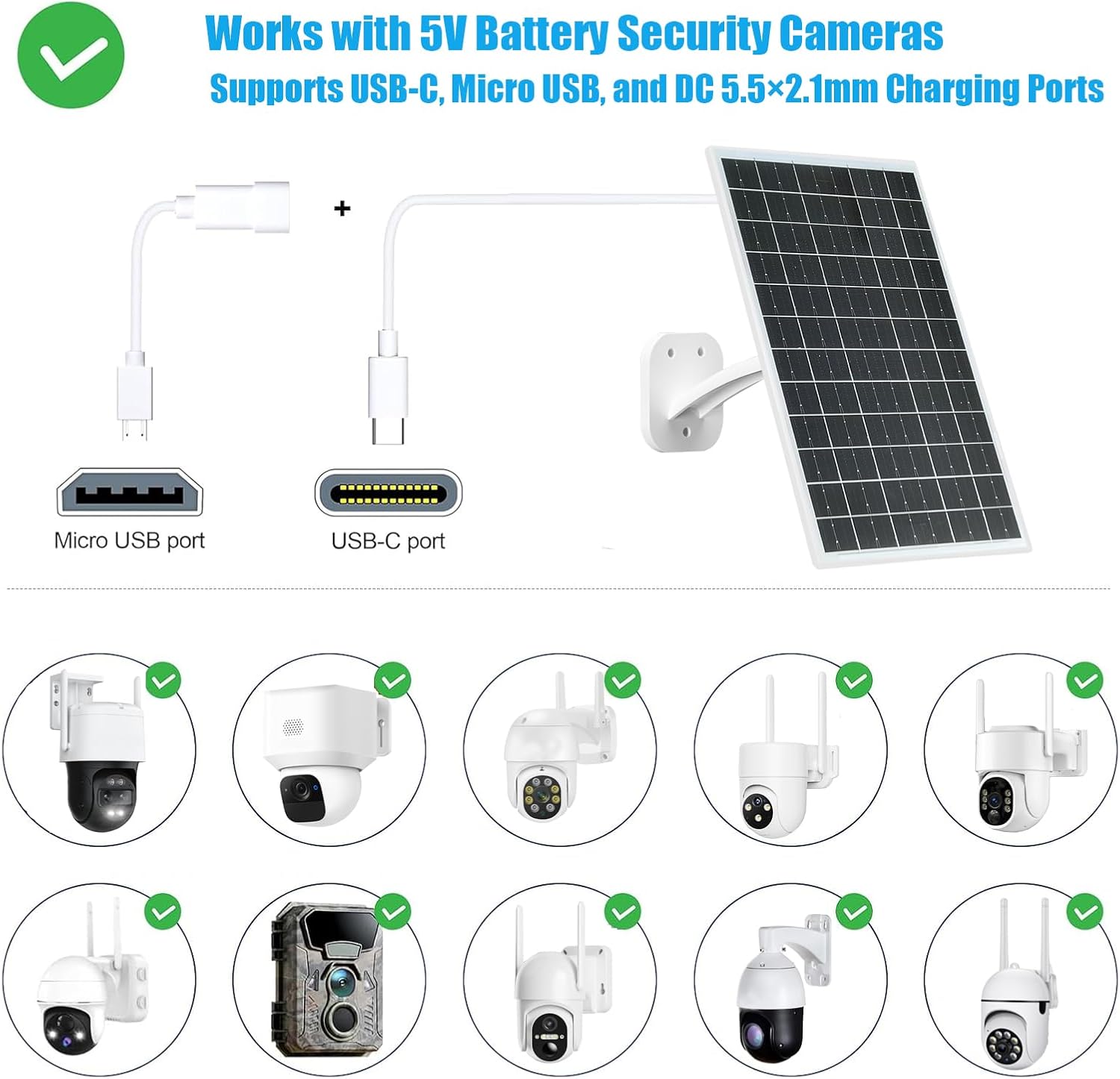 VUEBEE 13W Solar Panel for Security Cameras, USB-C, Micro USB, DC, 2 Pack - Image 6