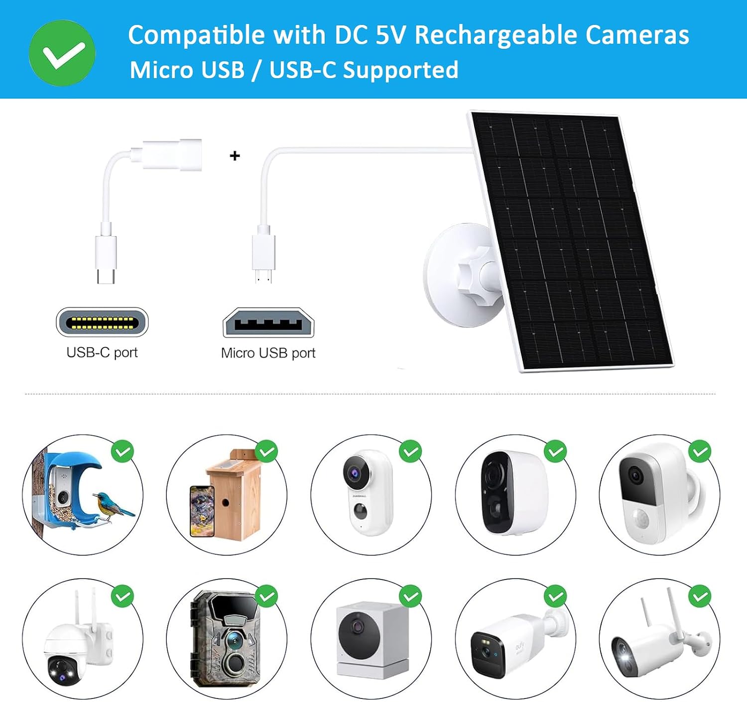 VUEBEE 4W Solar Panel for Security Cameras, USB-C & Micro USB, 2 Pack - Image 6
