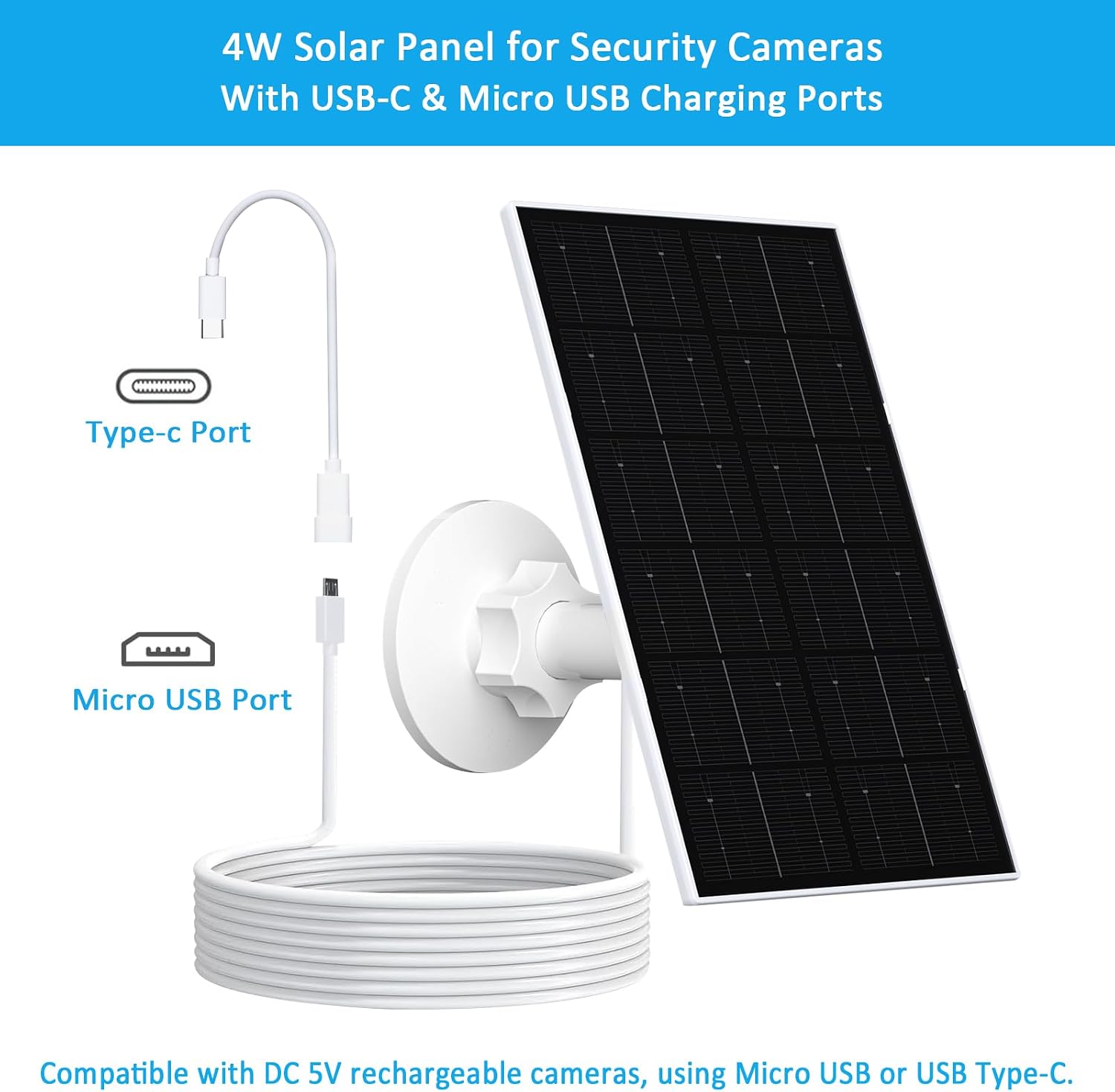 VUEBEE 4W Solar Panel for Security Cameras, USB-C & Micro USB, 2 Pack - Image 5