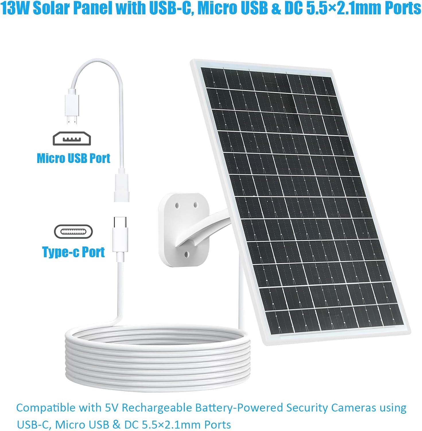 VUEBEE 13W Solar Panel for Security Cameras, USB-C, Micro USB, DC, 2 Pack - Image 4
