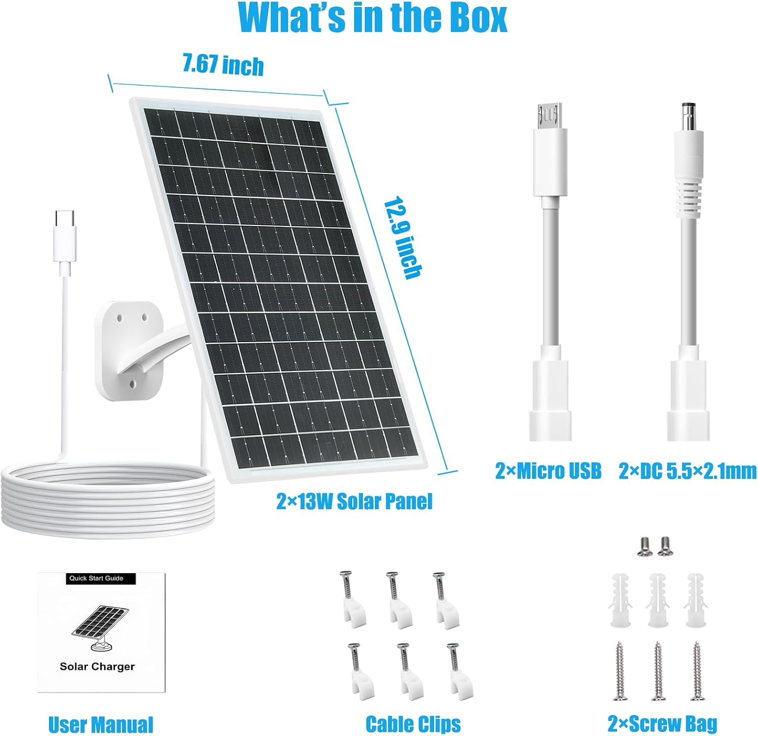 VUEBEE 13W Solar Panel for Security Cameras, USB-C, Micro USB, DC, 2 Pack - Image 3