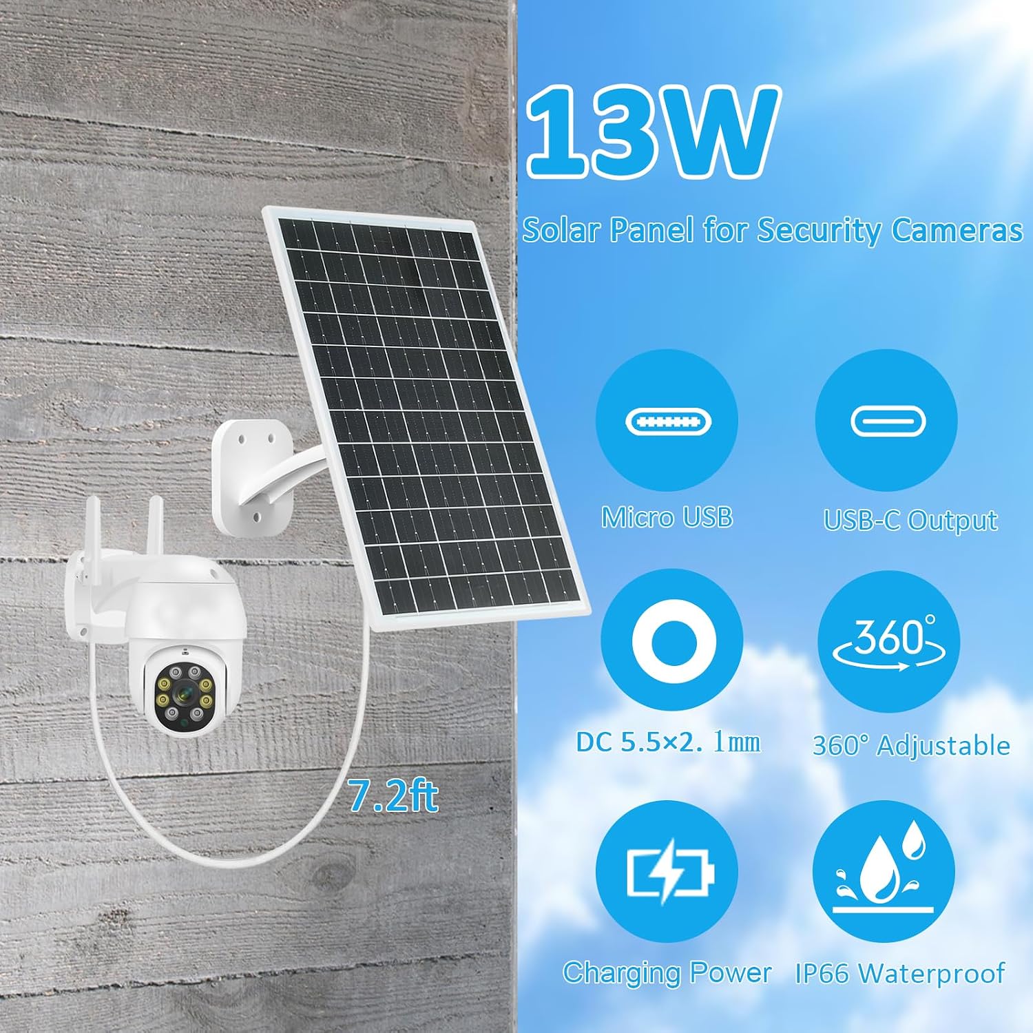 VUEBEE 13W Solar Panel for Security Cameras, USB-C, Micro USB, DC, 2 Pack - Image 5