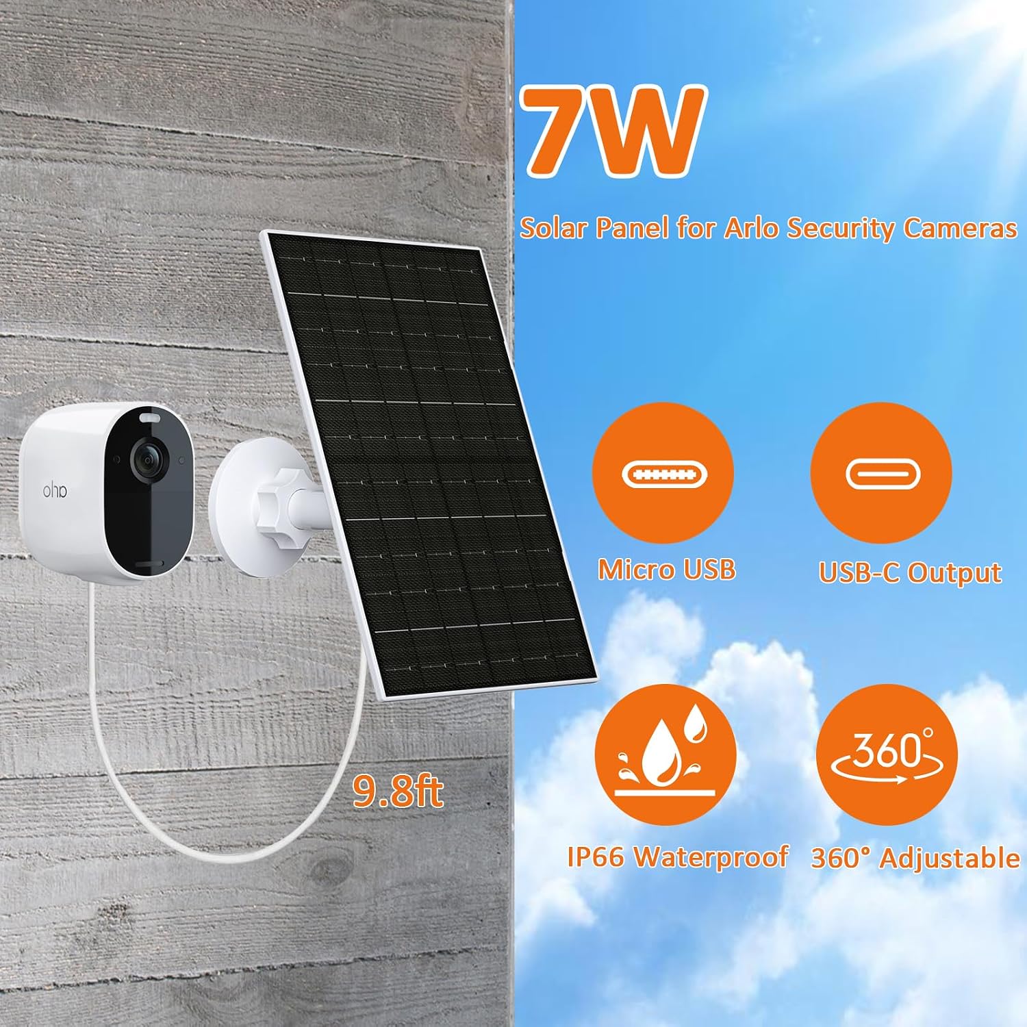 VUEBEE 7W Solar Panel Charger for Arlo Essential 2K, XL, Spotlight Camera - Image 5