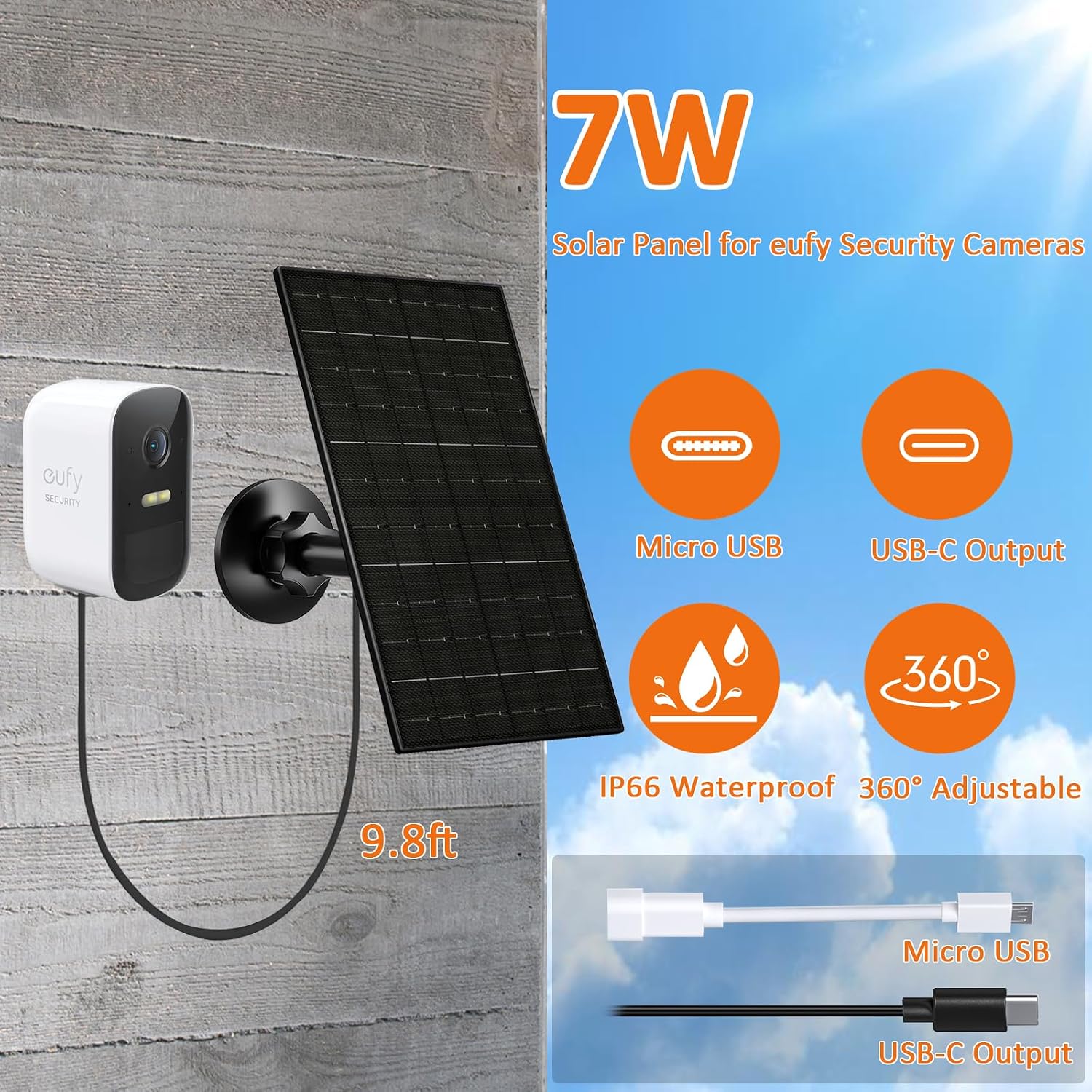 VUEBEE 7W Solar Panel for Eufycam, USB-C to Micro USB Adapter - Image 5